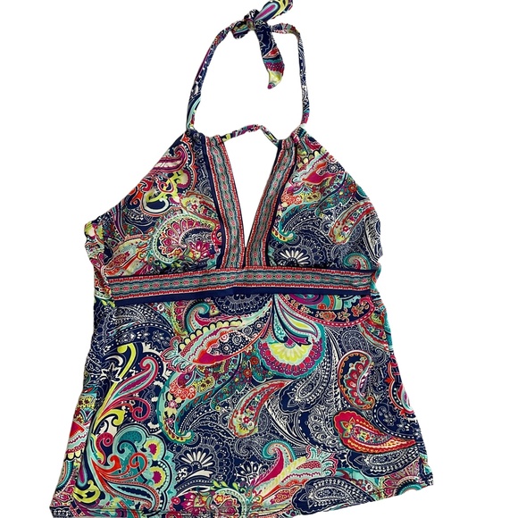 Liz‎ Claiborne Multi Color Paisley Halter V-Neck Adjustable Tankini Top Size 14 - Picture 1 of 6